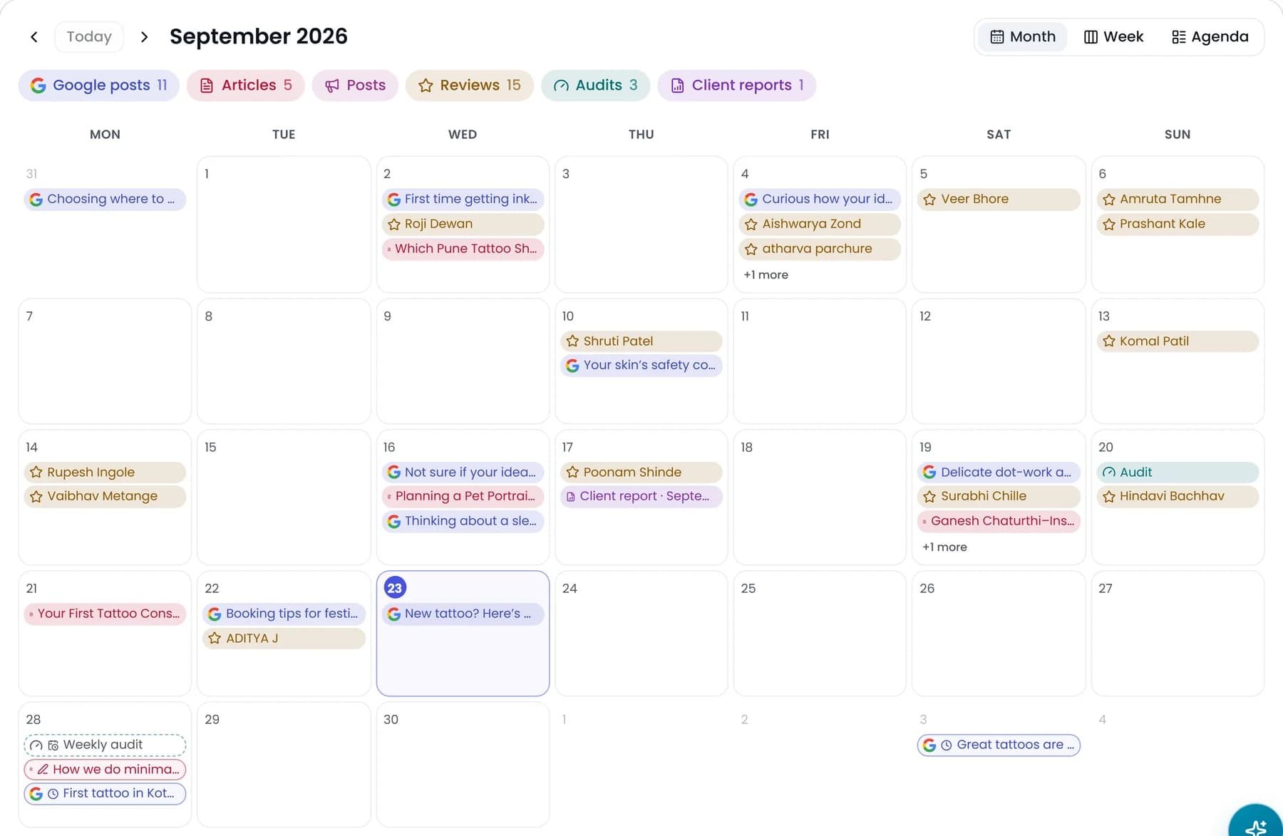The September calendar with Google posts, articles, reviews, audits and a client report on their days