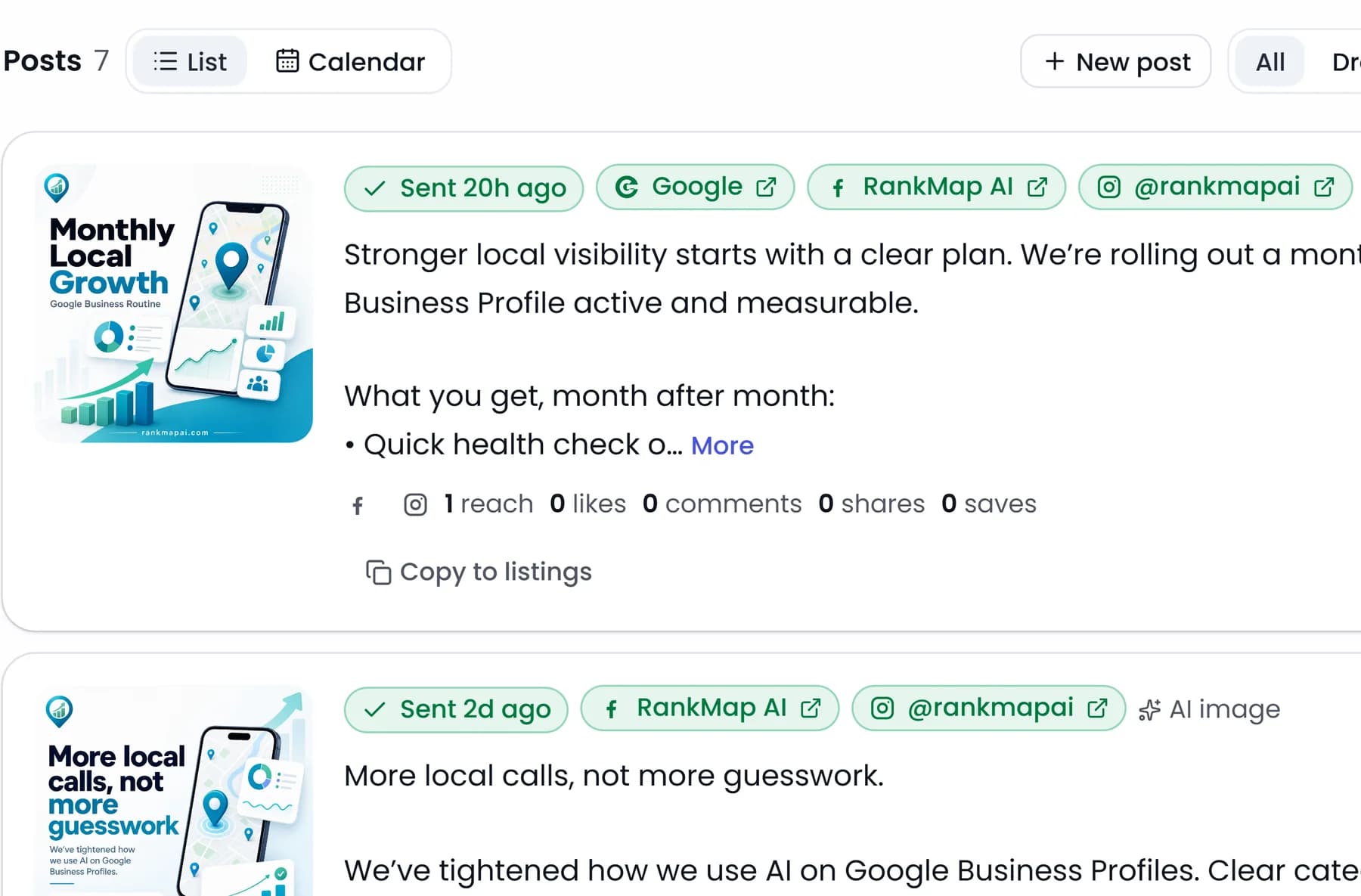 Two posts with branded pictures, sent to Google, Facebook and Instagram, with their reach and a Copy to listings button